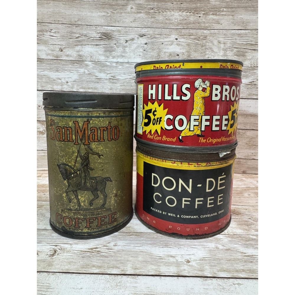 Lot of 3 Vintage Coffee Tins Hills Bros Don-De Cleveland San Marto Antique 1921